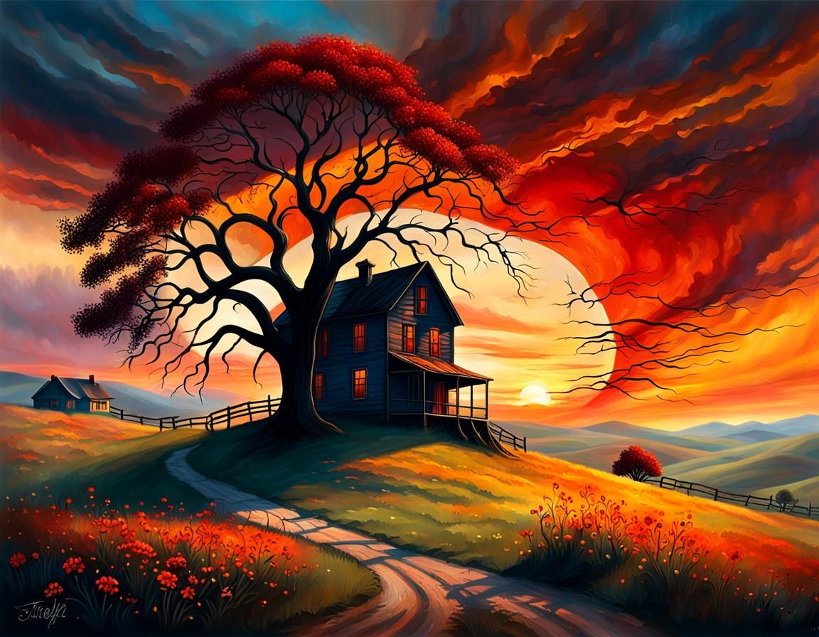 Lone Tree Sunset: Nostalgic Surreal Landscape