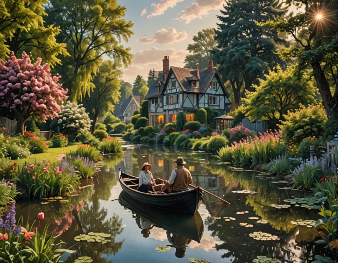 Cottage Garden Lake: Impressionist Gouache-Style Digital Art