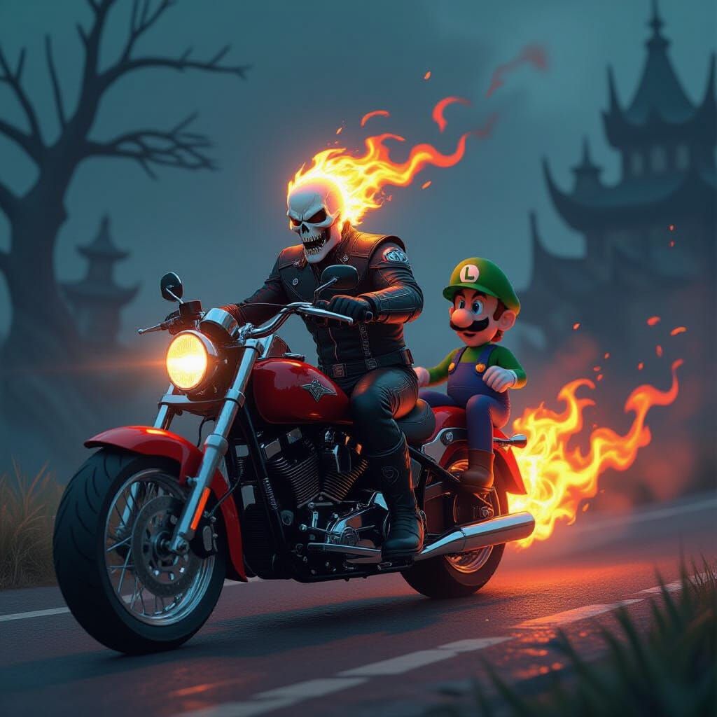 Ghost Rider, Mario, and Luigi in Dark Landscape