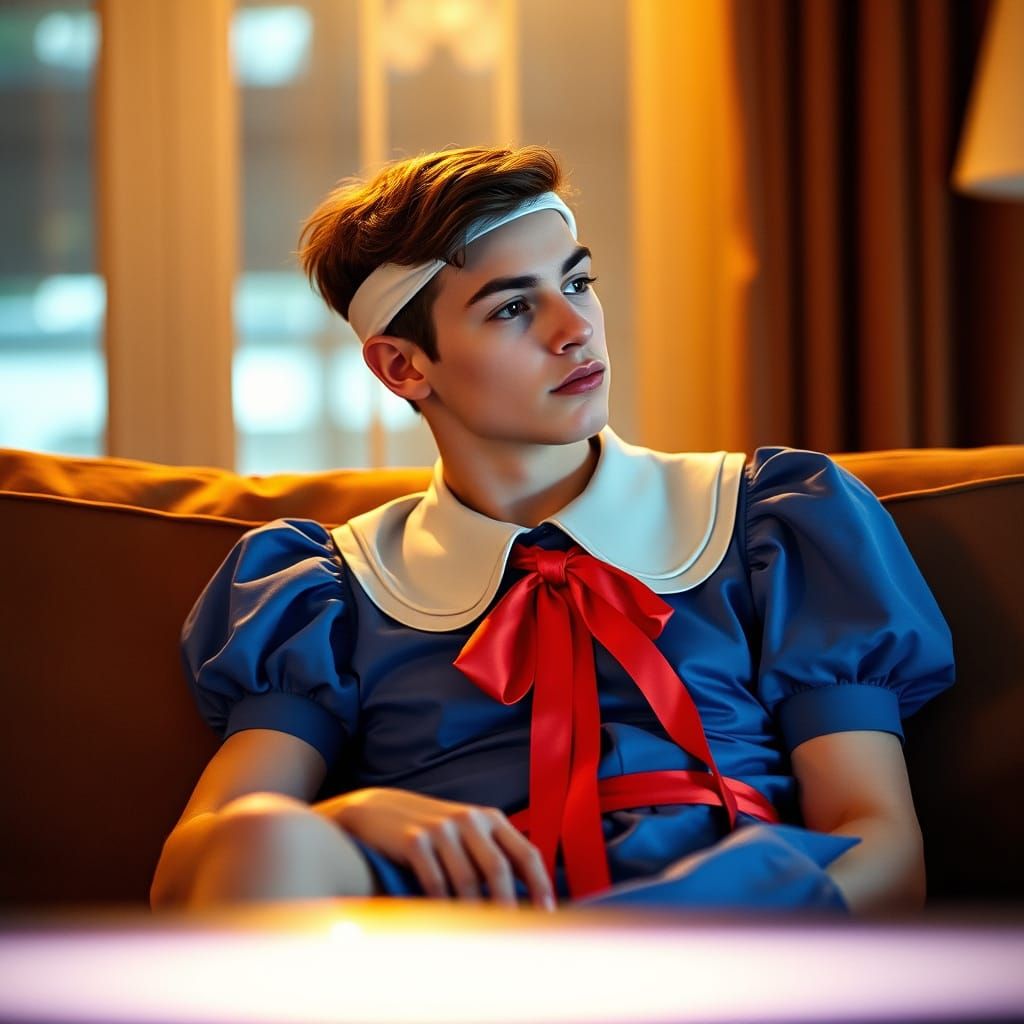 Elegant Young Man in Blue Dress on Plush Couch