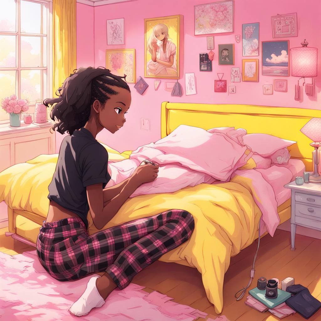 Girl Sewing Dress in Anime Art Style