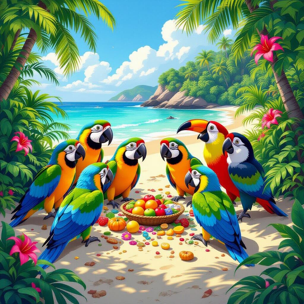 Tropical Birds Feast on Exotic Fruits on Secluded Beach