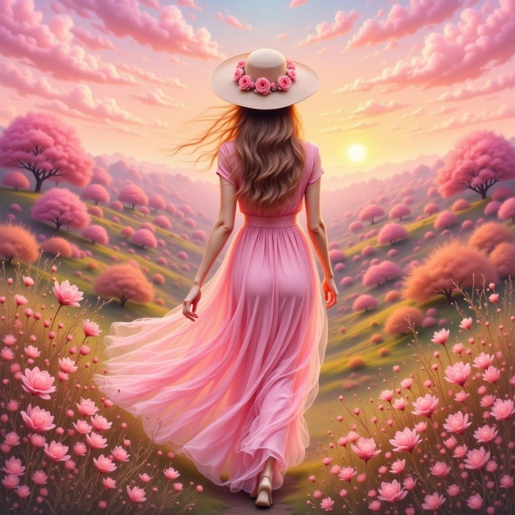 Woman in Pink Dress on Blossom Hills