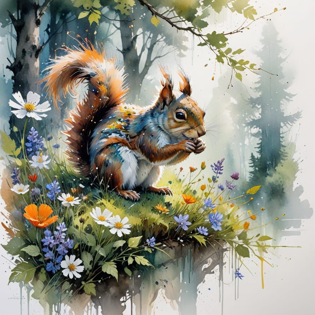 Whimsical Squirrel in a Sunlit Forest