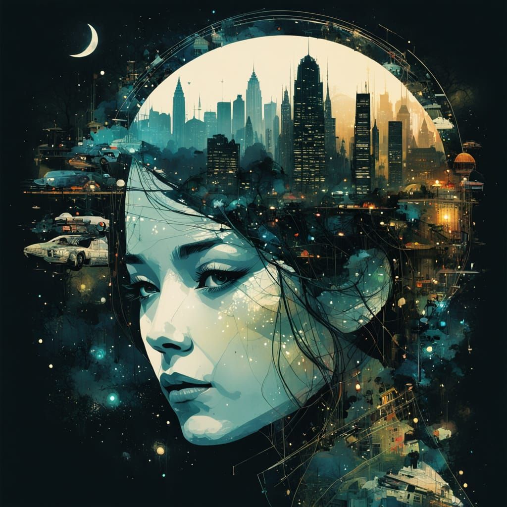 Galaxy Dripping into Cityscape Silhouette in Double Exposure