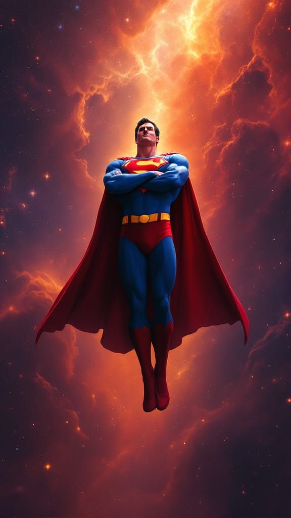 Superman in Classic Suit Amidst Cosmic Galaxy