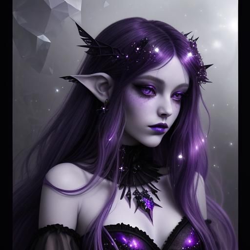 Sparkly shimmery gothic Fairy with long purple hair and purple eyes& purple wing& Black Gothic dress& gothic vibes& ethe...