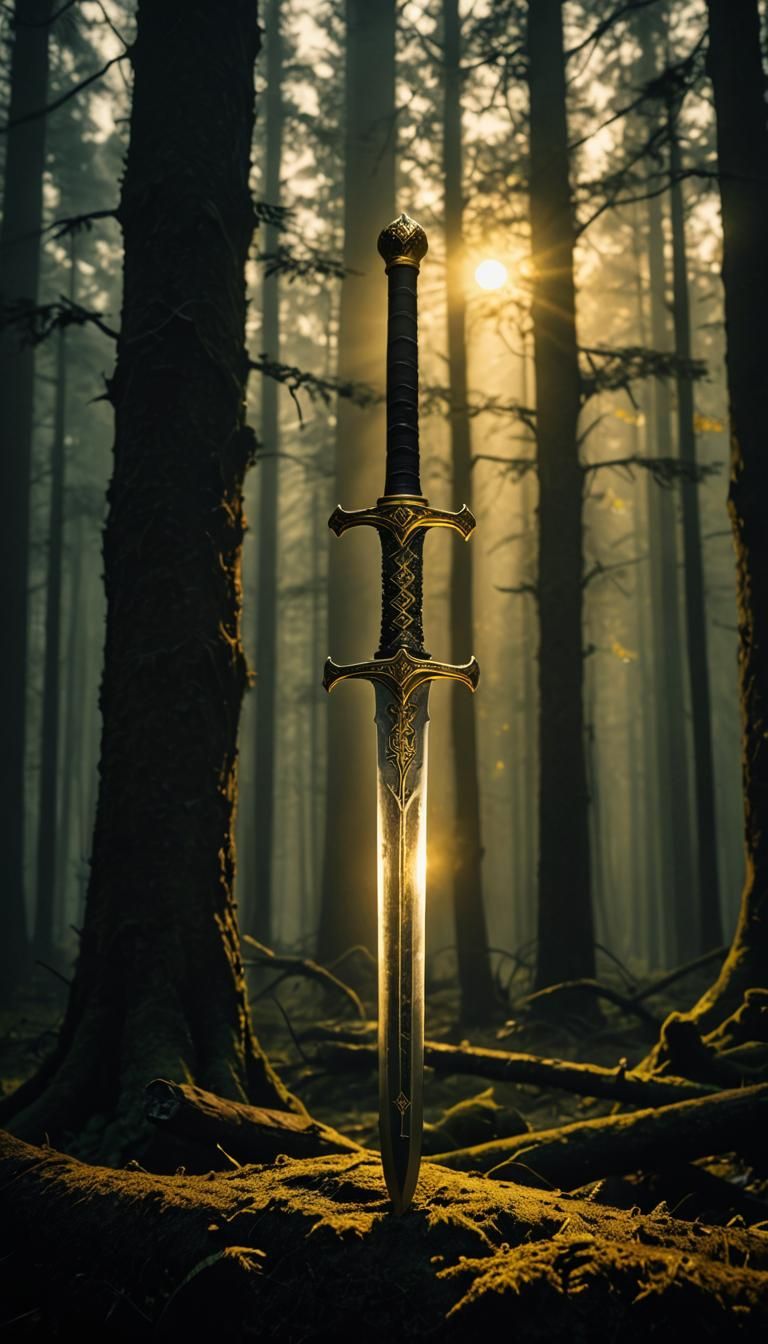 Glowing Sword in Dark Mystical Forest