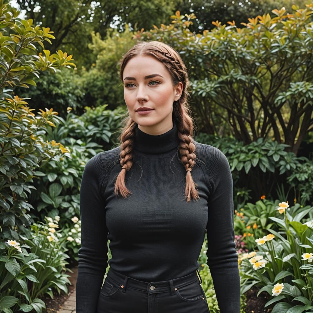 Confident Woman in Garden with Braided Auburn Hair