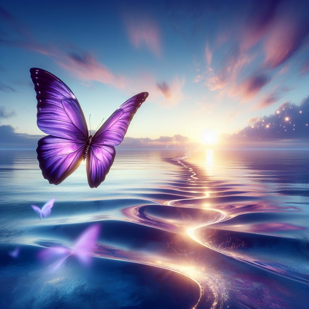 Purple Butterfly Gliding Over Calm Ocean at Sunrise