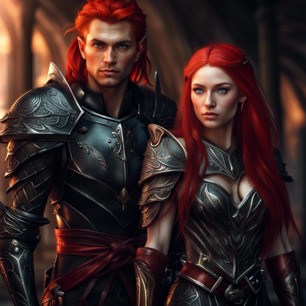 Red-Haired Elves in Armor, Detailed Digital Art