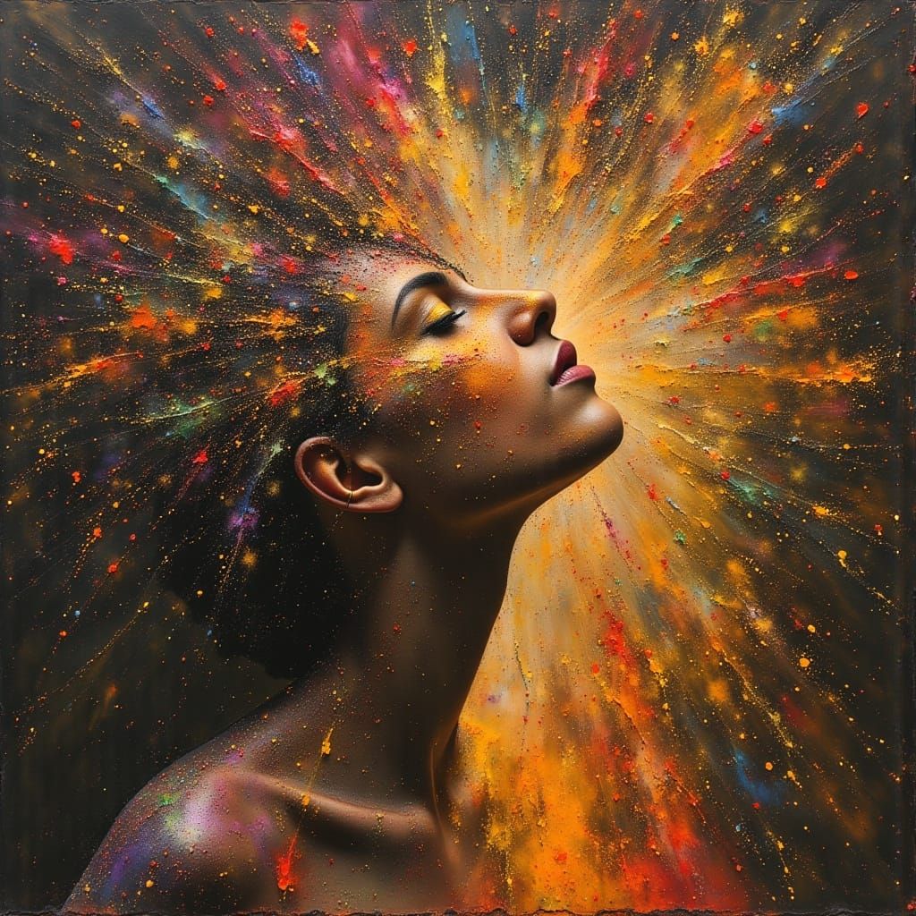 Screaming Woman with Floral Words in Dark Oil Paint