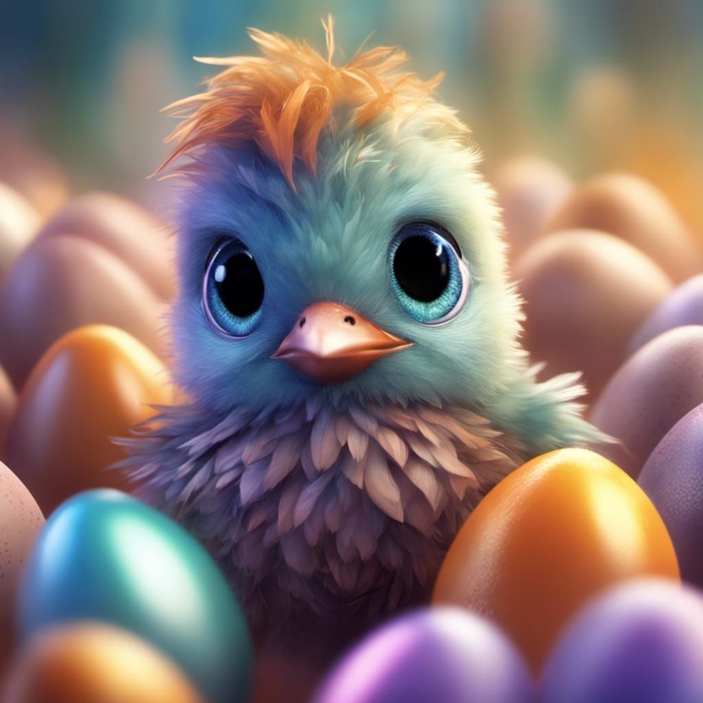 Pixar-Style Iridescent Baby Bird Hatching: Digital Art