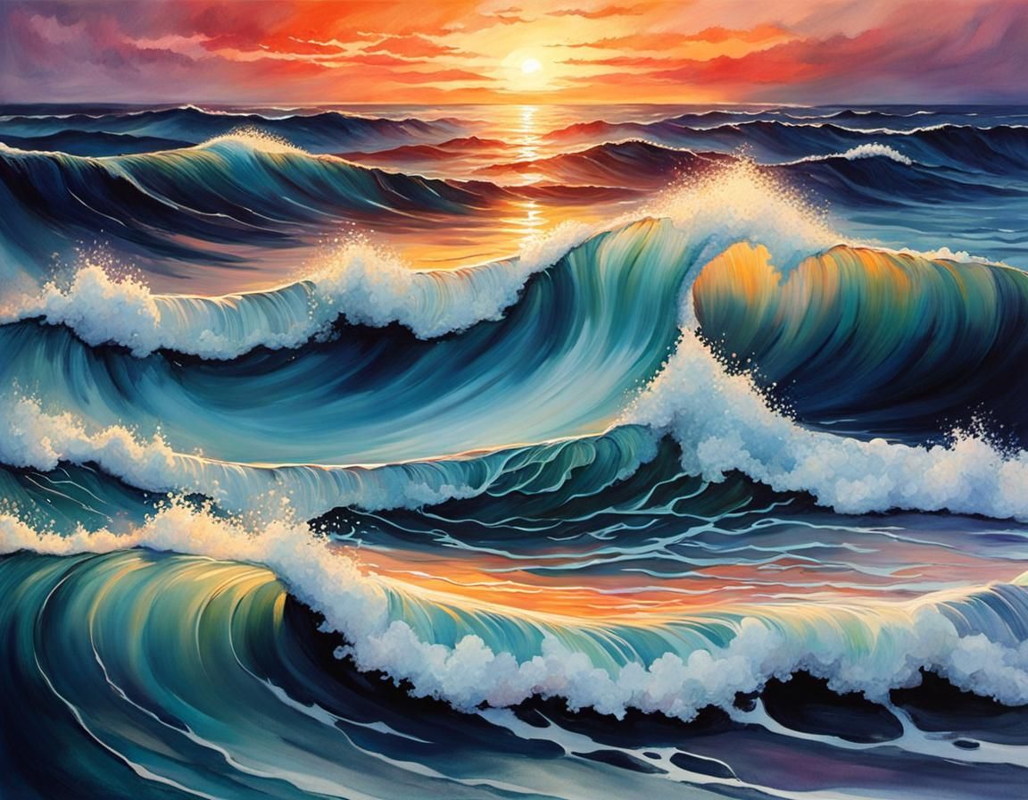 Ocean Waves at Dusk in Watercolor Style