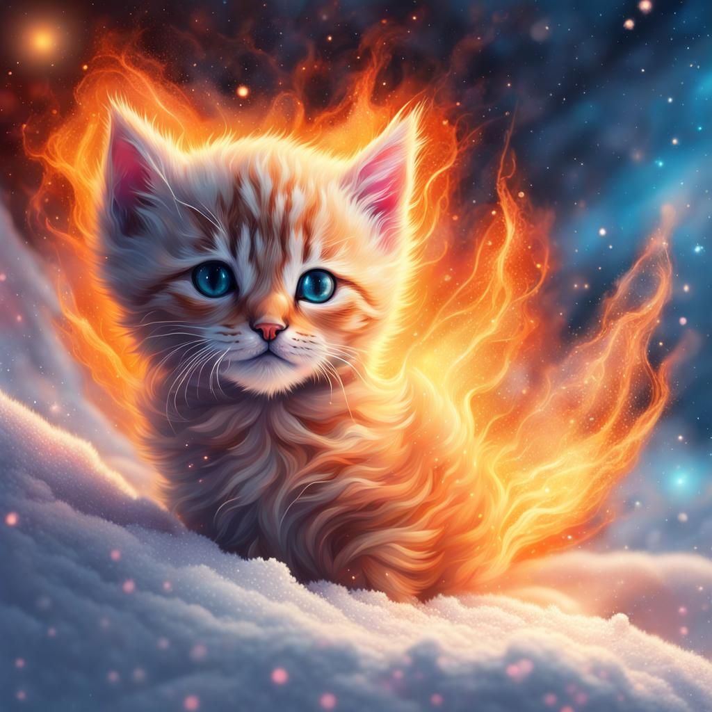 Glowing Fire Kitten in Galactic Snow: Splash Art