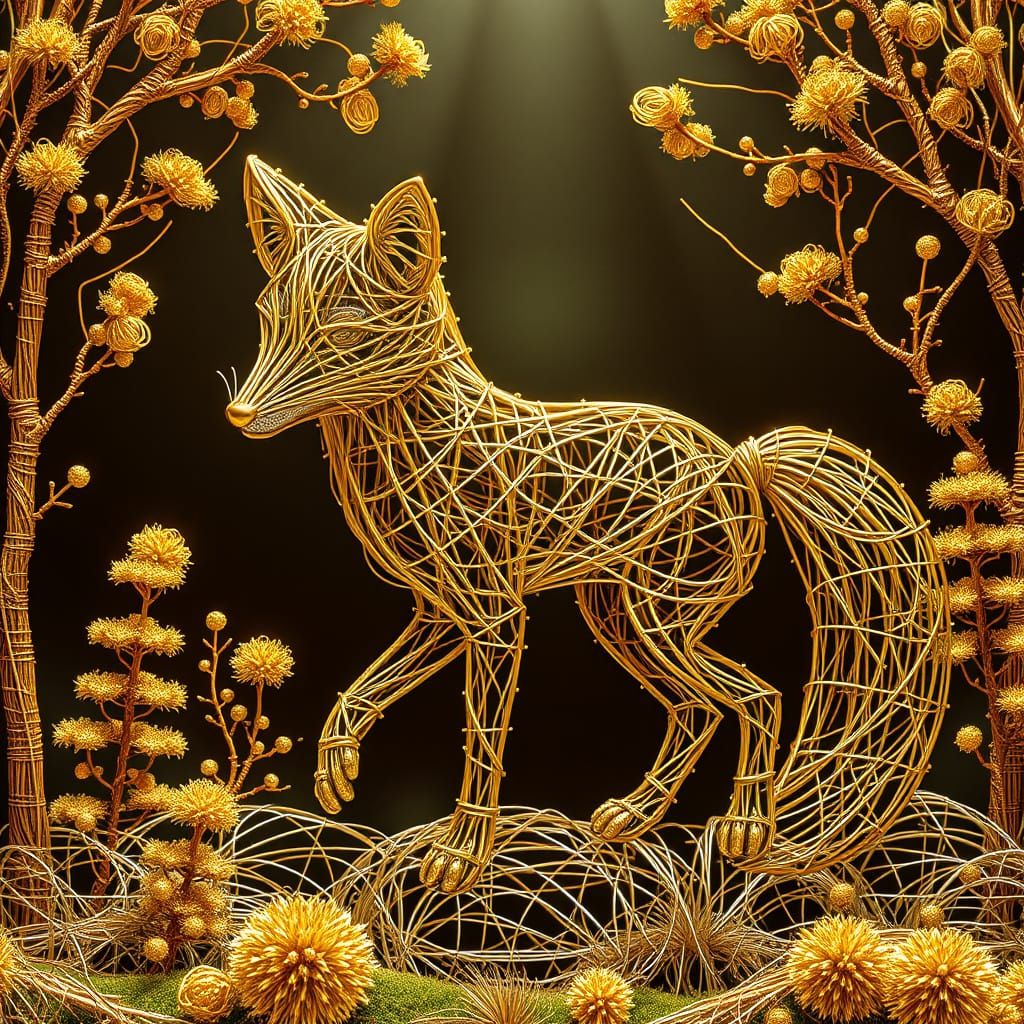 Golden and Silver Wire Fox Sculpture