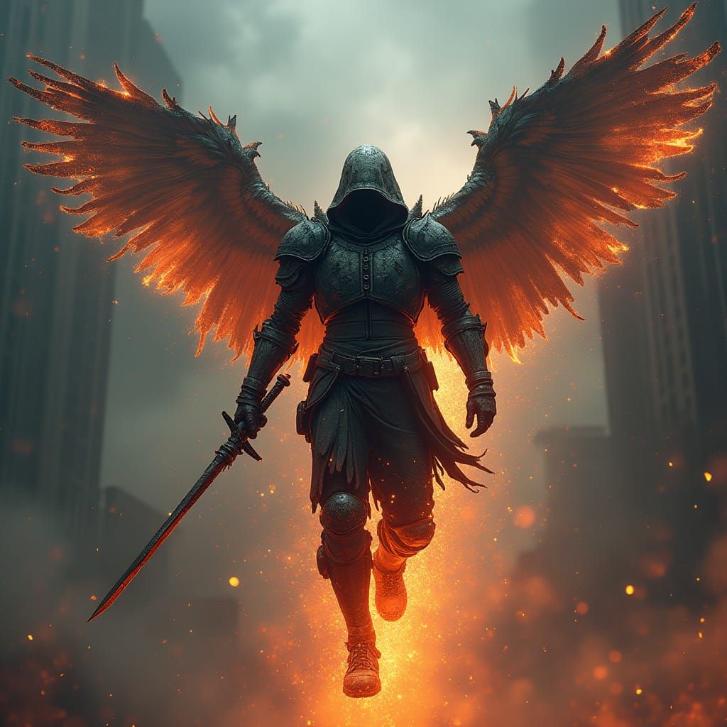 Warrior Angel Descending in Dystopian Fire