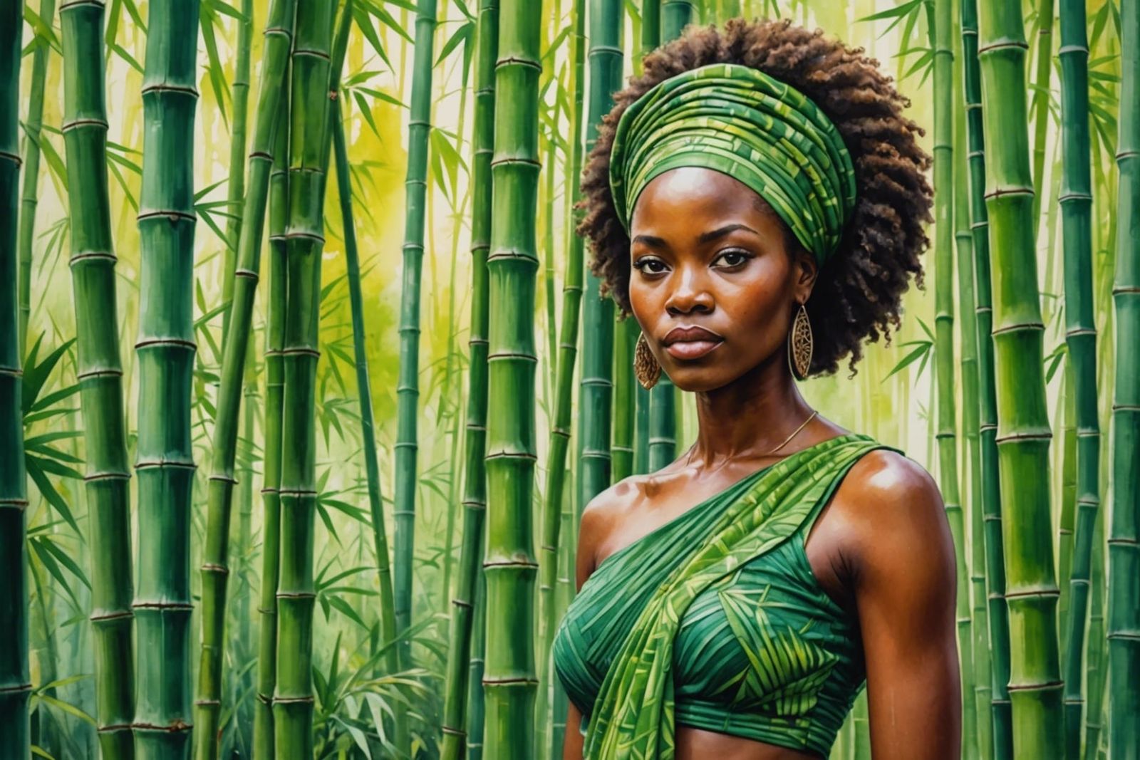 African Woman in Bamboo Forest, Watercolor Style