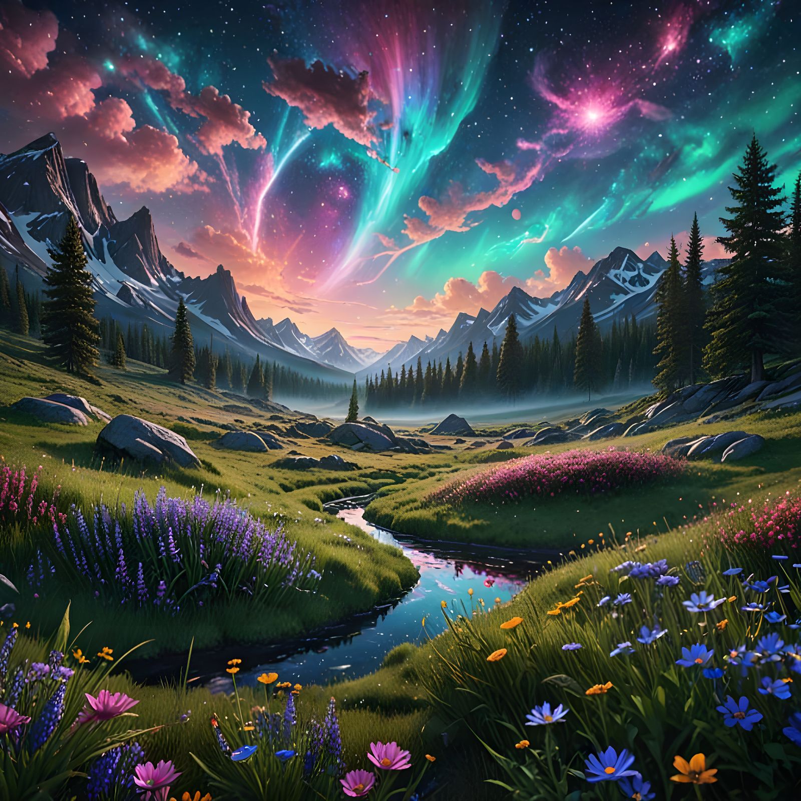 Cosmic Meadow in Vibrant Holographic Style