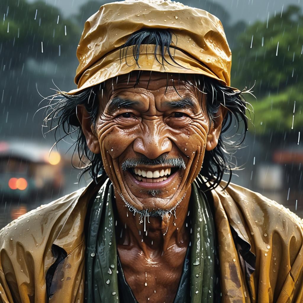 Laughing Fisherman in Rain: Cinematic Digital Painting