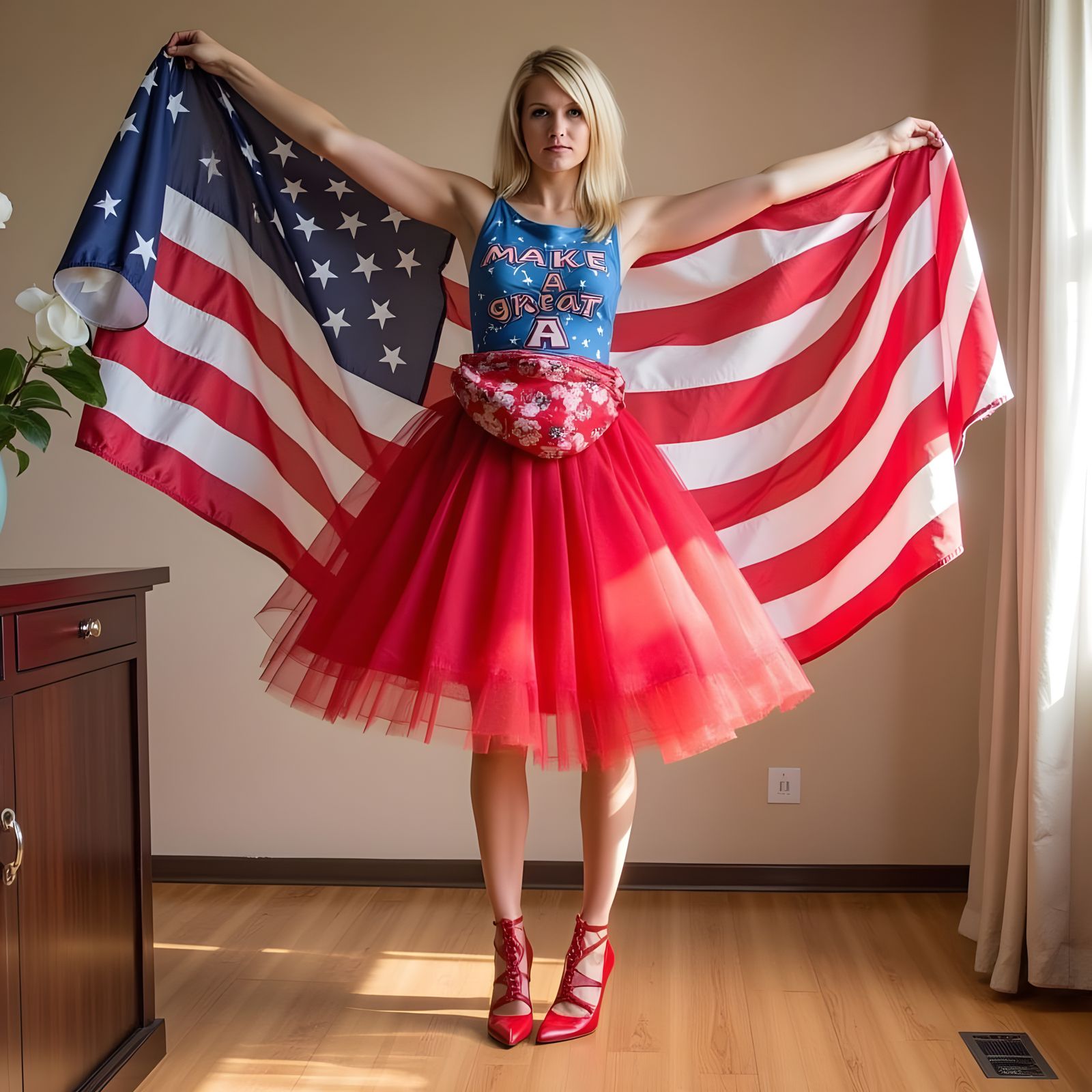 Vibrant Pop Art Girl Poses with American Flags