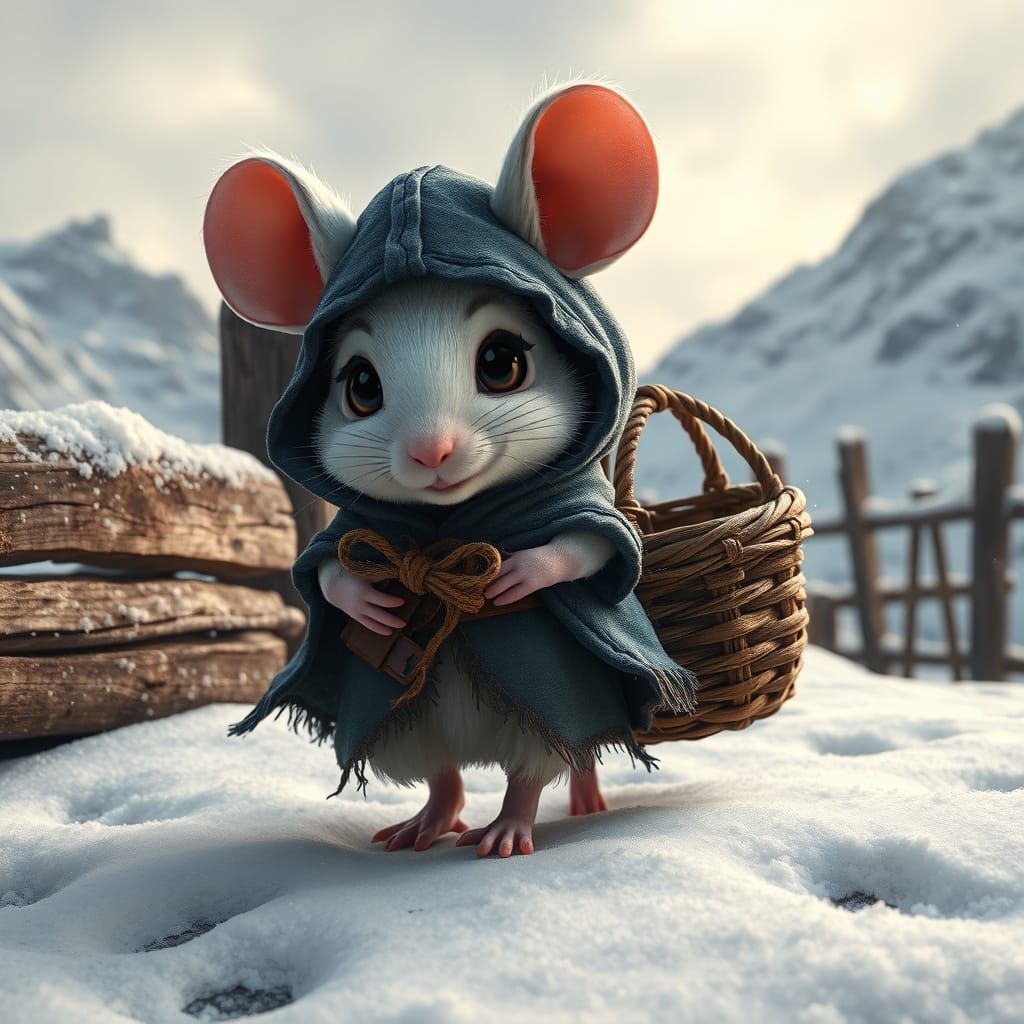 Resolute Mouse Adventurer in Snowy Mountain Landscape