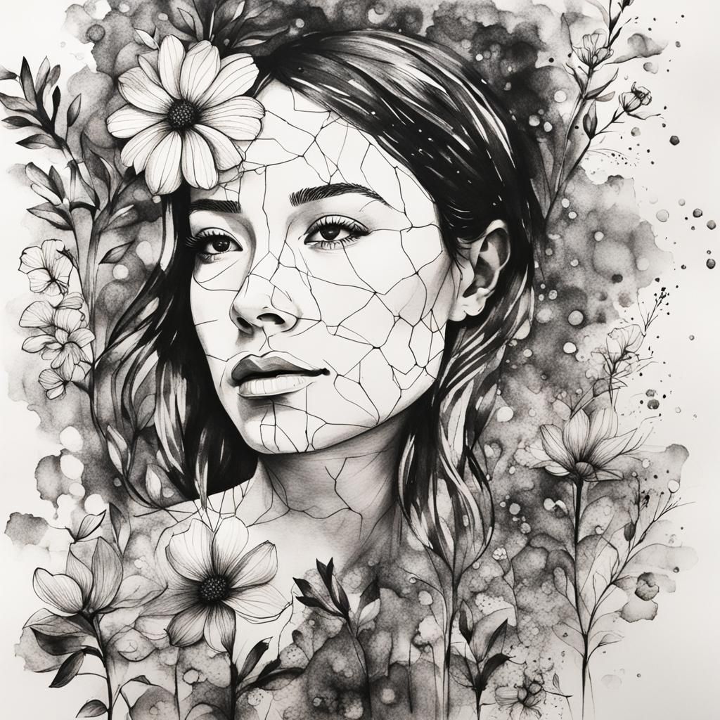 Botanical Ink Drawing of Floral Woman