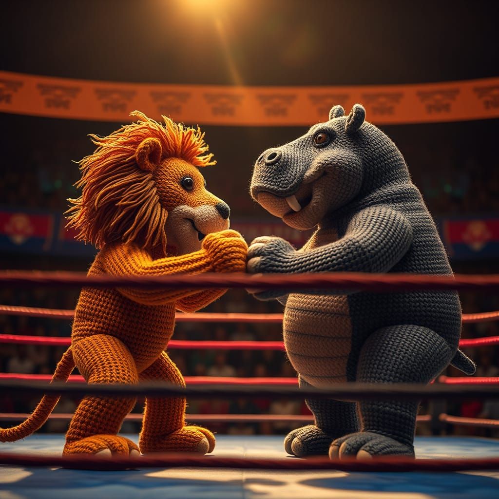 Knitted Lion and Hippo Boxing Match Under Spotlights