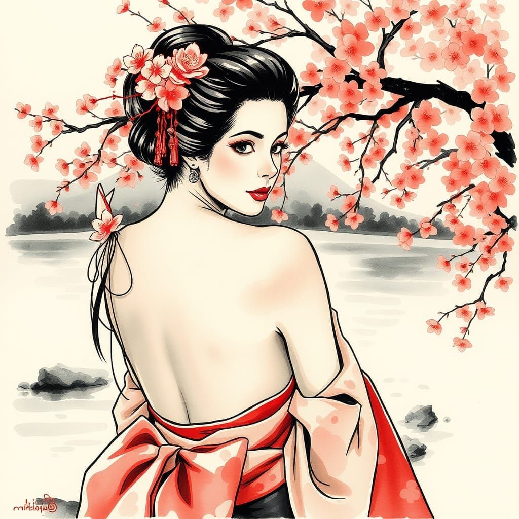 Classic Japanese Watercolor Pin-Up of a Geisha by the River