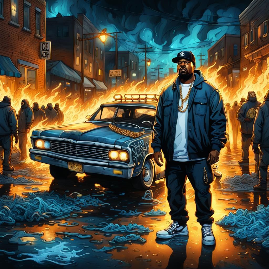 Concept Art of Ice Cube Amidst Rioters in Gritty Cityscape