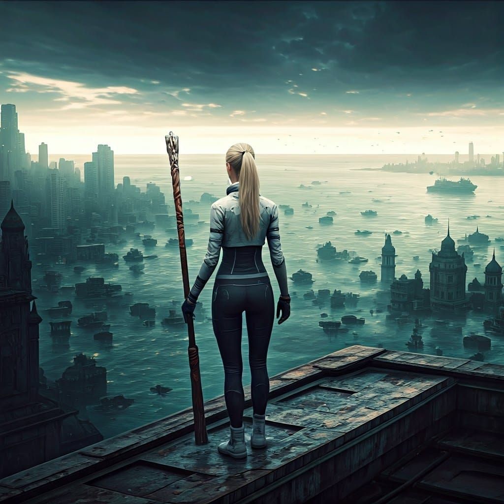 Woman with Staff on Flooded Mumbai Rooftop