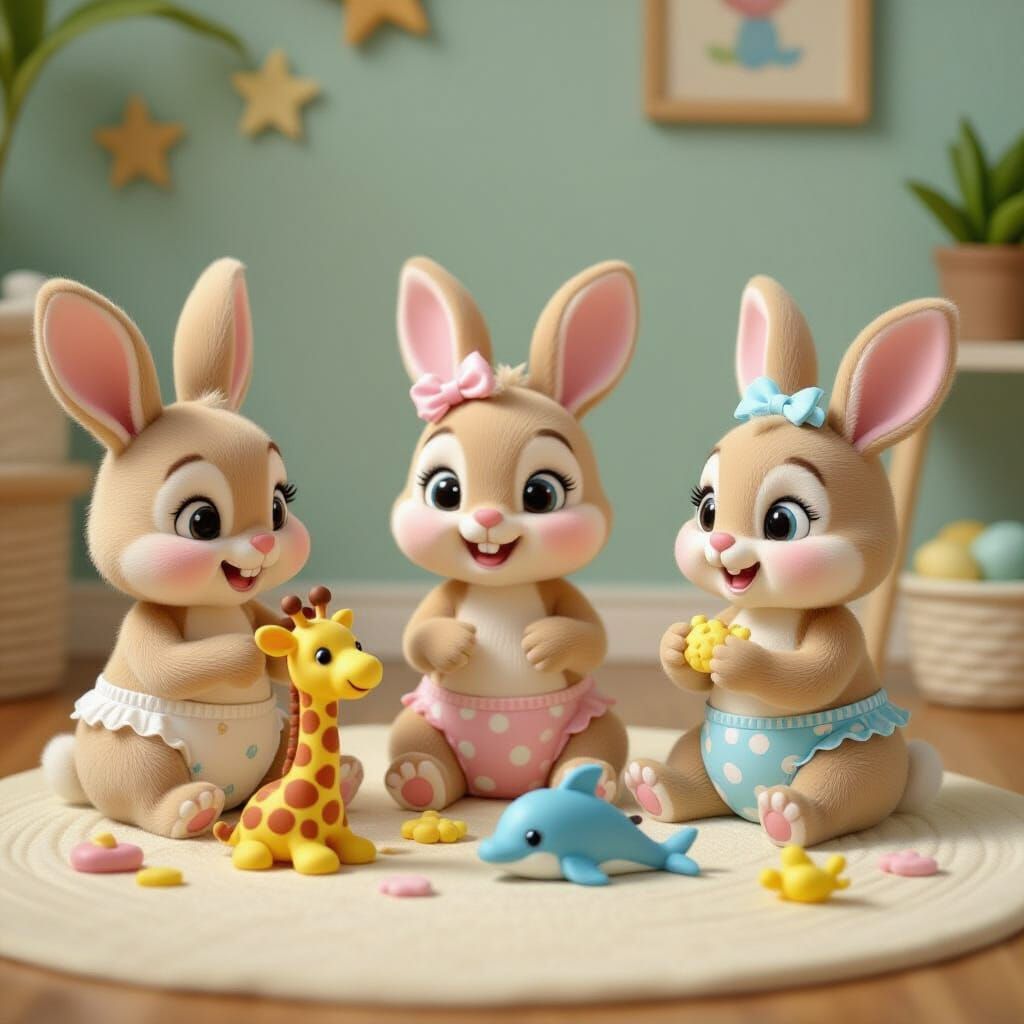 Bunnies Playing with Beeswax Clay in Playroom