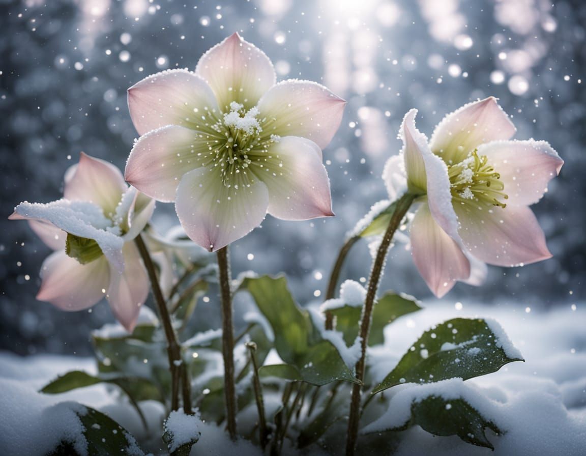 Delicate Hellebore Blooms in Enchanted Snowscape