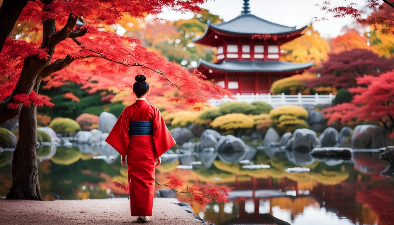 Japanese Woman in Kimono in Autumn Park