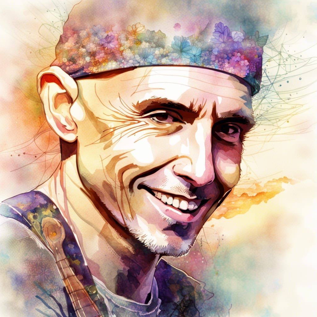 Joe Satriani Portrait in Digital Watercolor Style