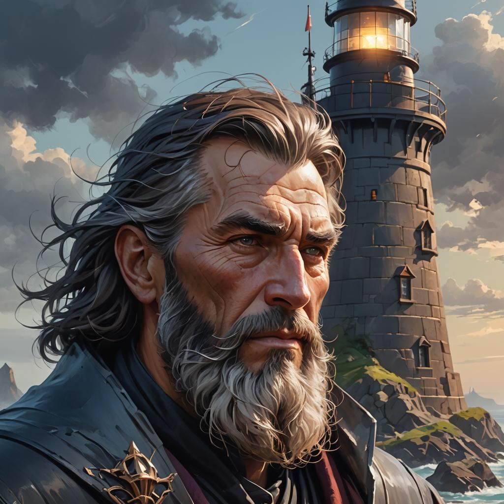 Dark Wizard Portrait with Lighthouse in Oil Paint