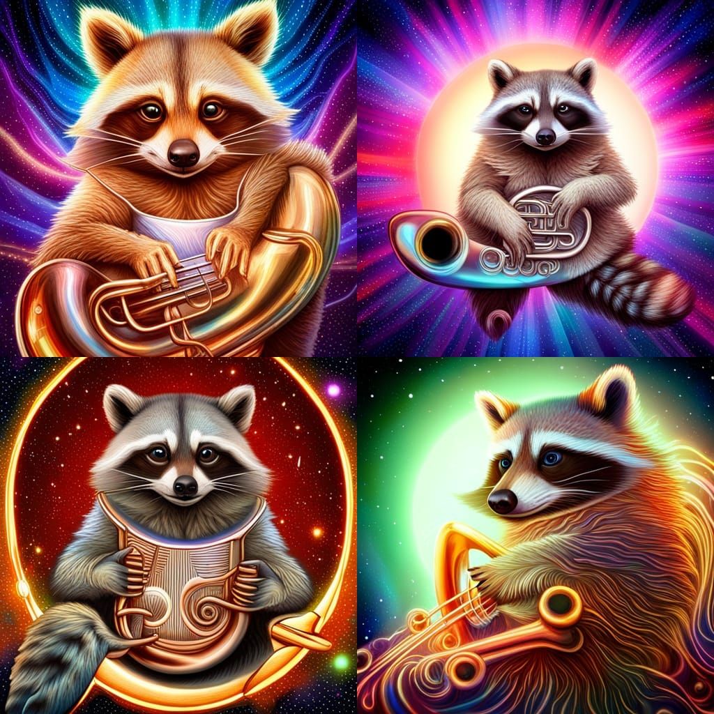 Chonky Raccoon Plays Tuba: Astral Cosmic Illustration