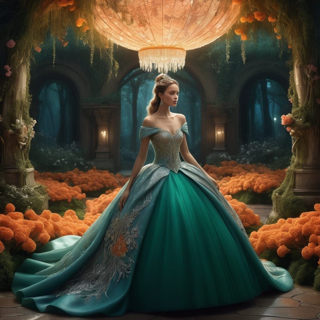 Enchanting Princess in Extravagant Ball Gown Beside Silver C...