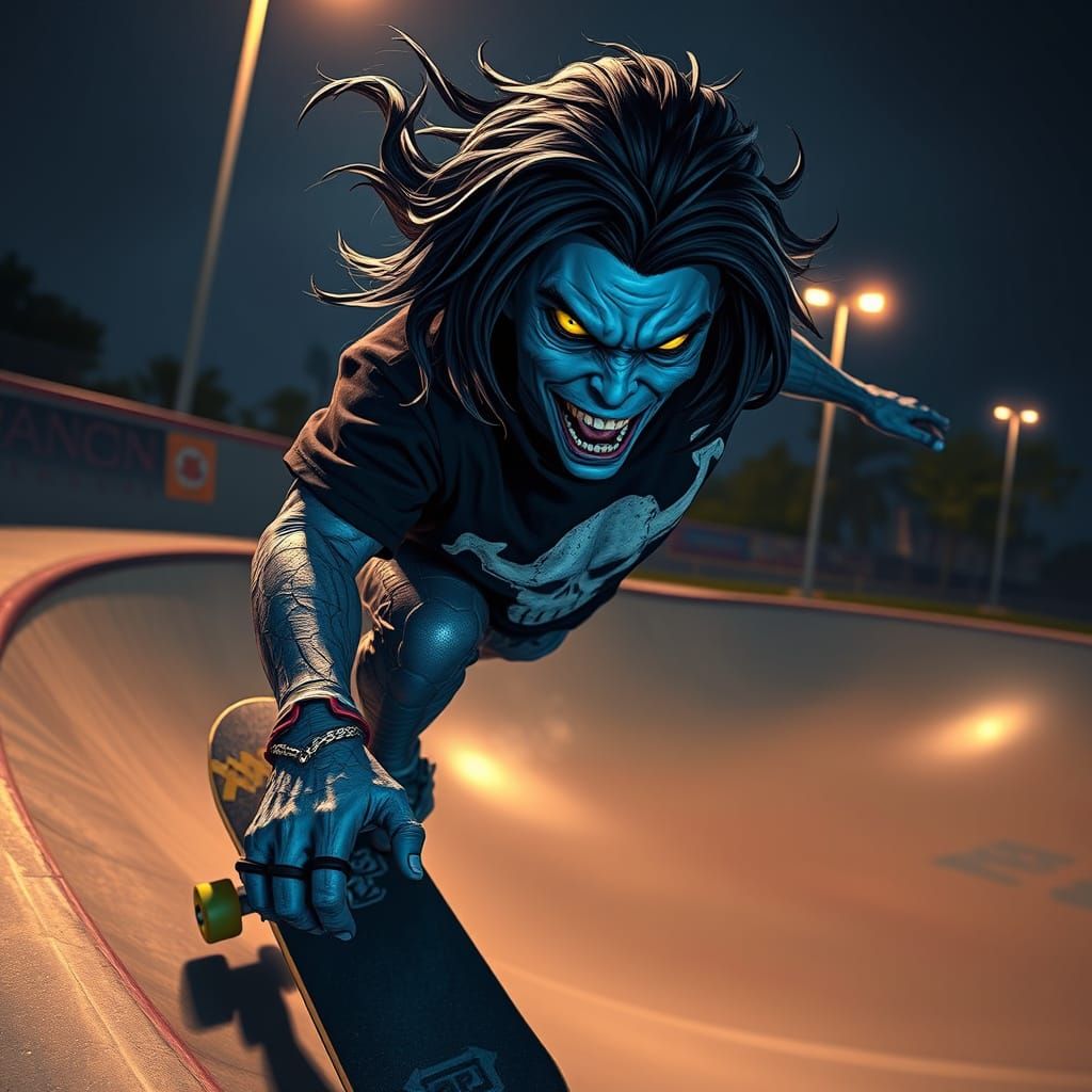 Cyberpunk Nightcrawler Performs Skate Trick in Epic Skatepar...