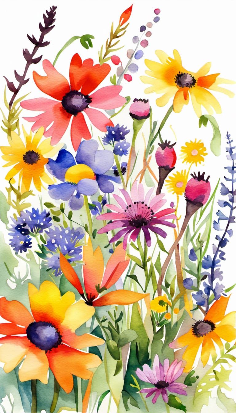 Watercolor Wildflowers in Spring Colors