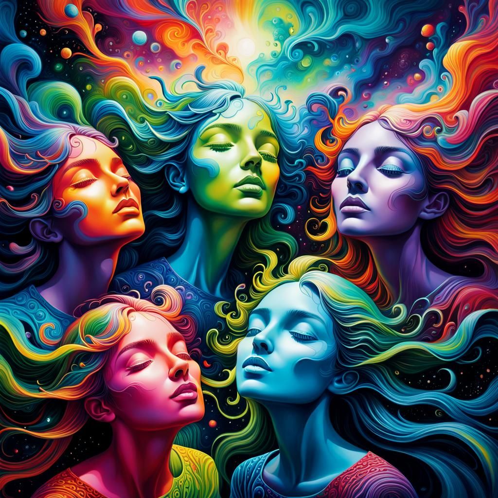 Psychedelic Faces Floating in Air in Acrylic Pouring