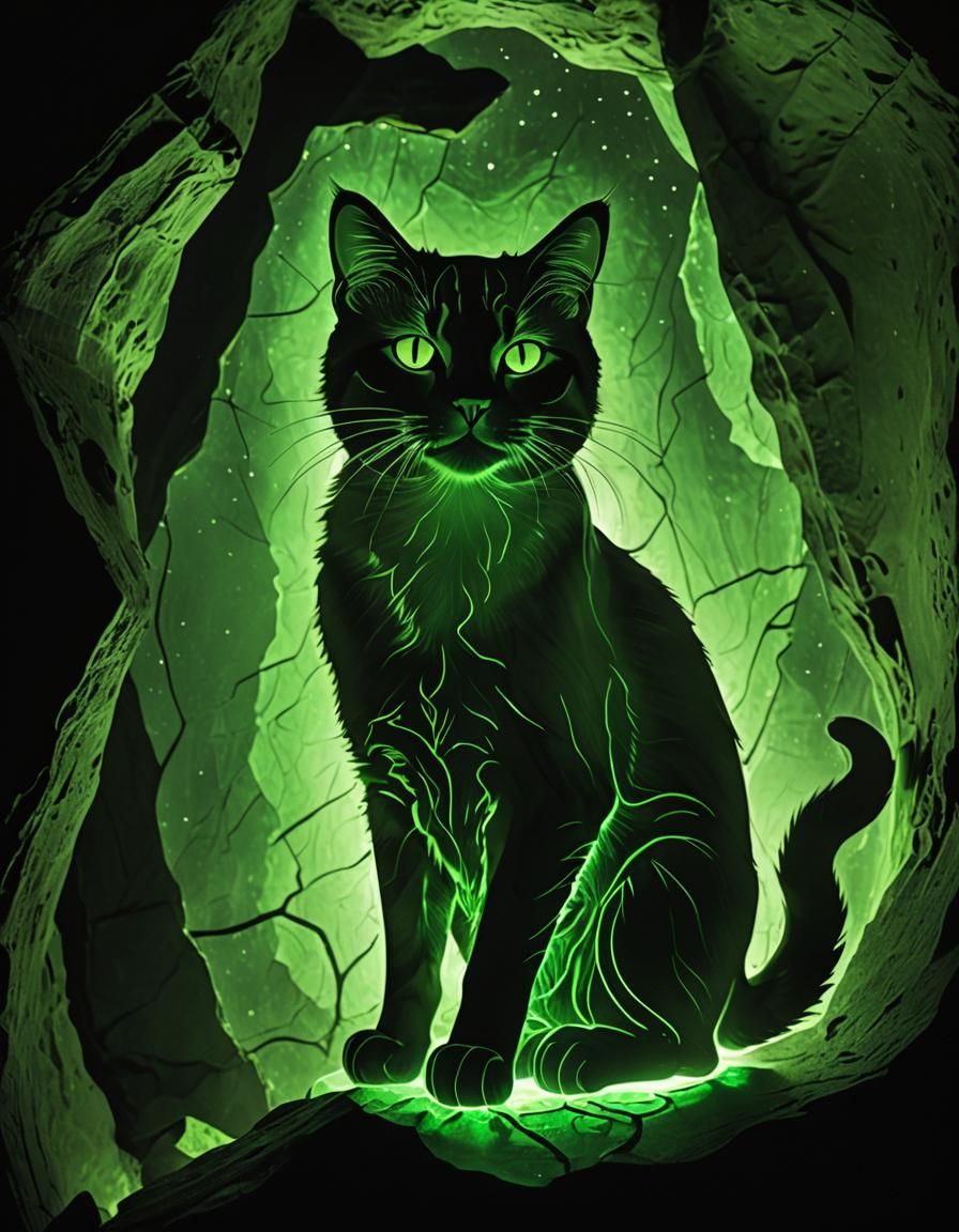 Luminous Green Glass Cat Silhouette in Cave