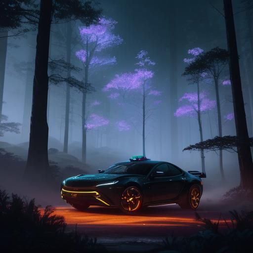 Neon Car Navigates Mystical Forest Road