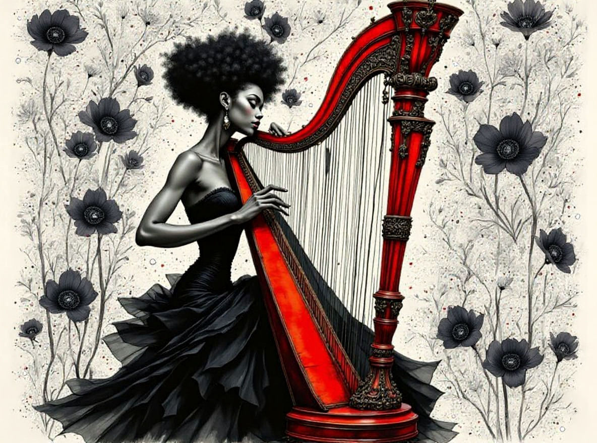 Black and White Charcoal Drawing of Woman with Red Harp
