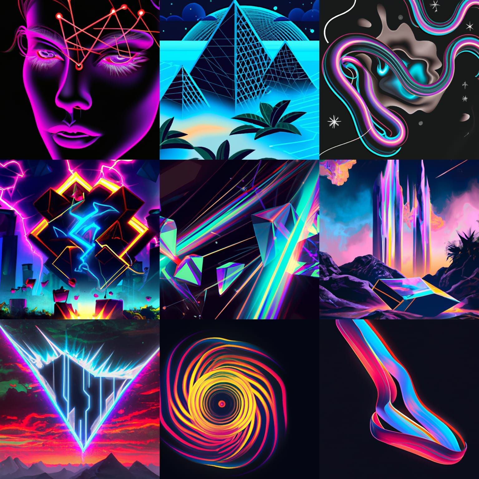To produce artwork that exudes a nighttime retro-style cover art vibe, blend deep, bold neon diamond color hues, 3D high...