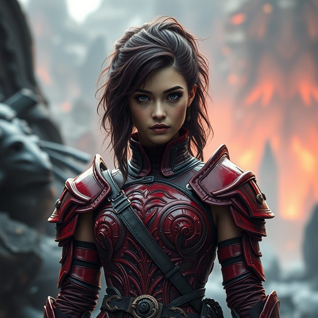 Warrior Princess in Red Armor, Cyberpunk Style