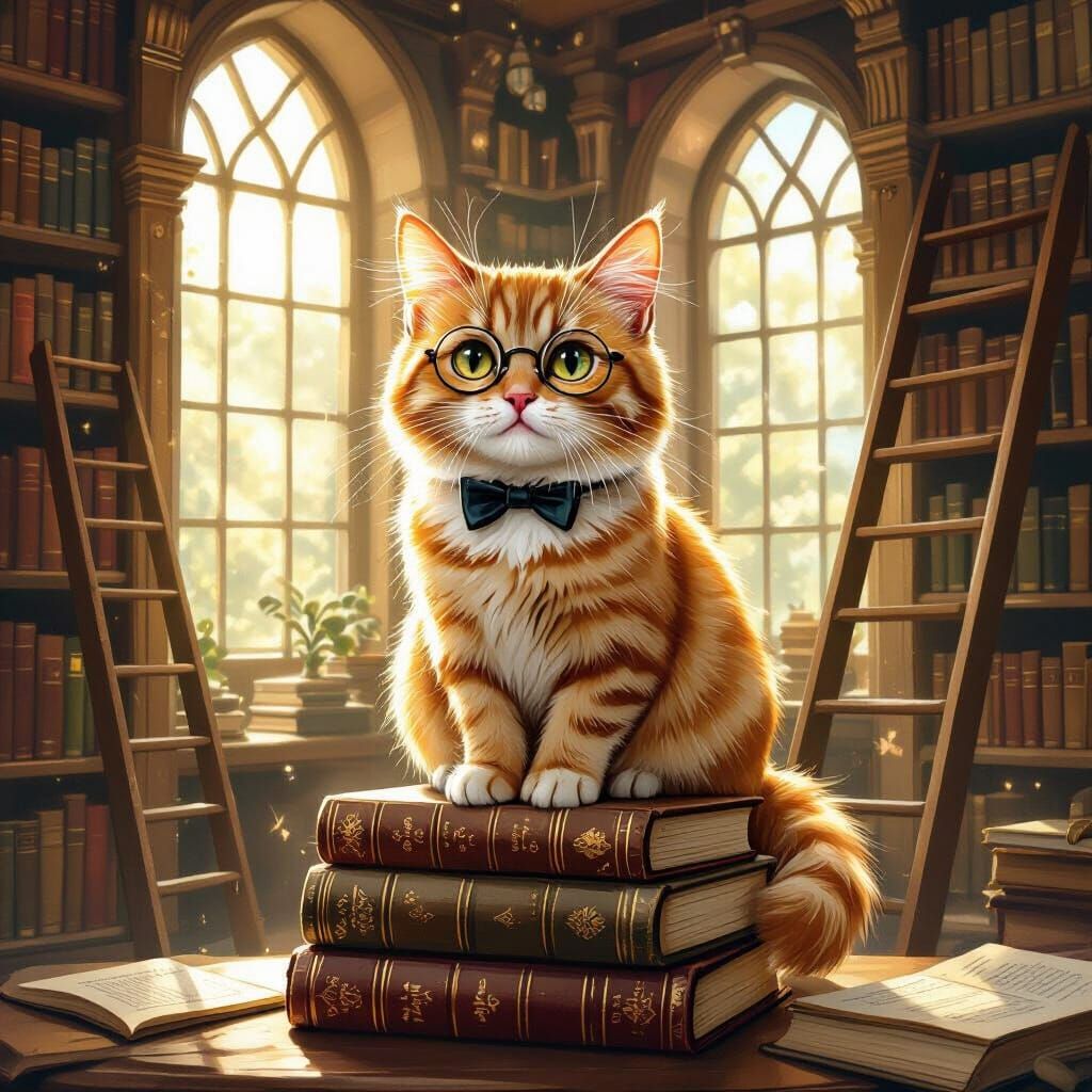 A whimsical ginger cat wearing a tiny monocle, perched on a ...