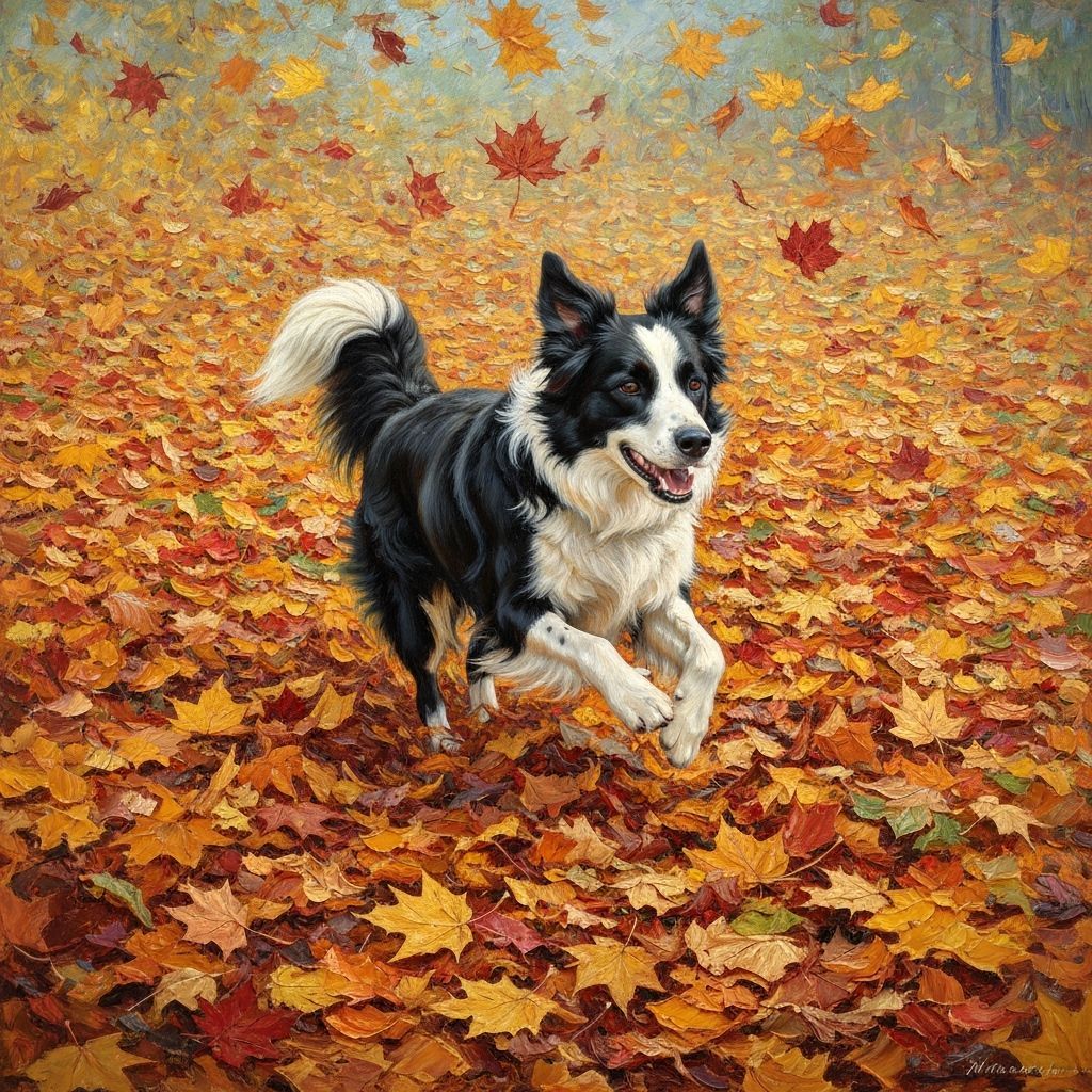 Regal Border Collie Joyfully Runs Through Autumn Leaves Oil ...