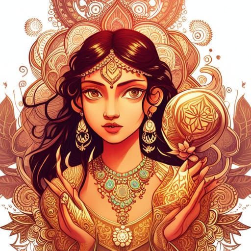 Lakshmi Digital Painting with Golden Outlines
