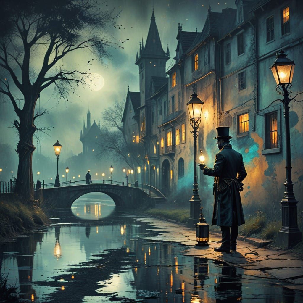 Steampunk Magician on a Tranquil Street at Night